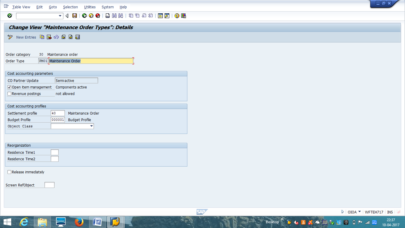 Maintenance Order Type Configuration