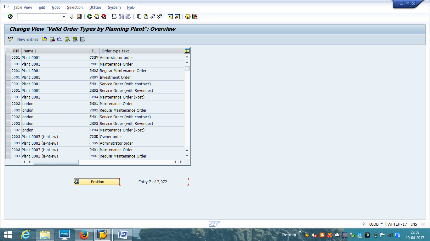 Assignment of SAP Maintenance Order Type to Maintenance Plant