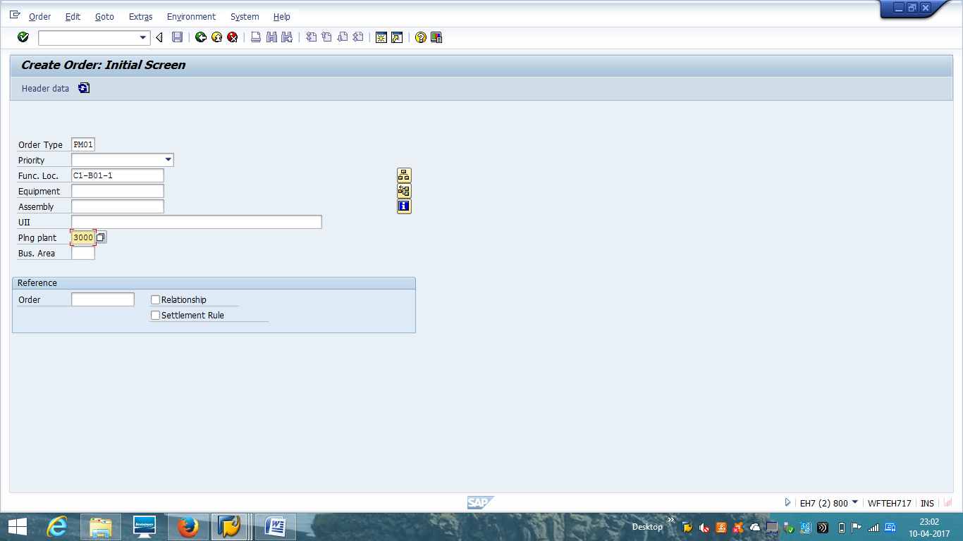 Create SAP PM Order – Initial Screen