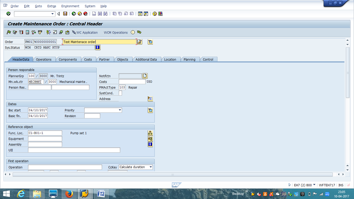 Create SAP PM Order - Header Data