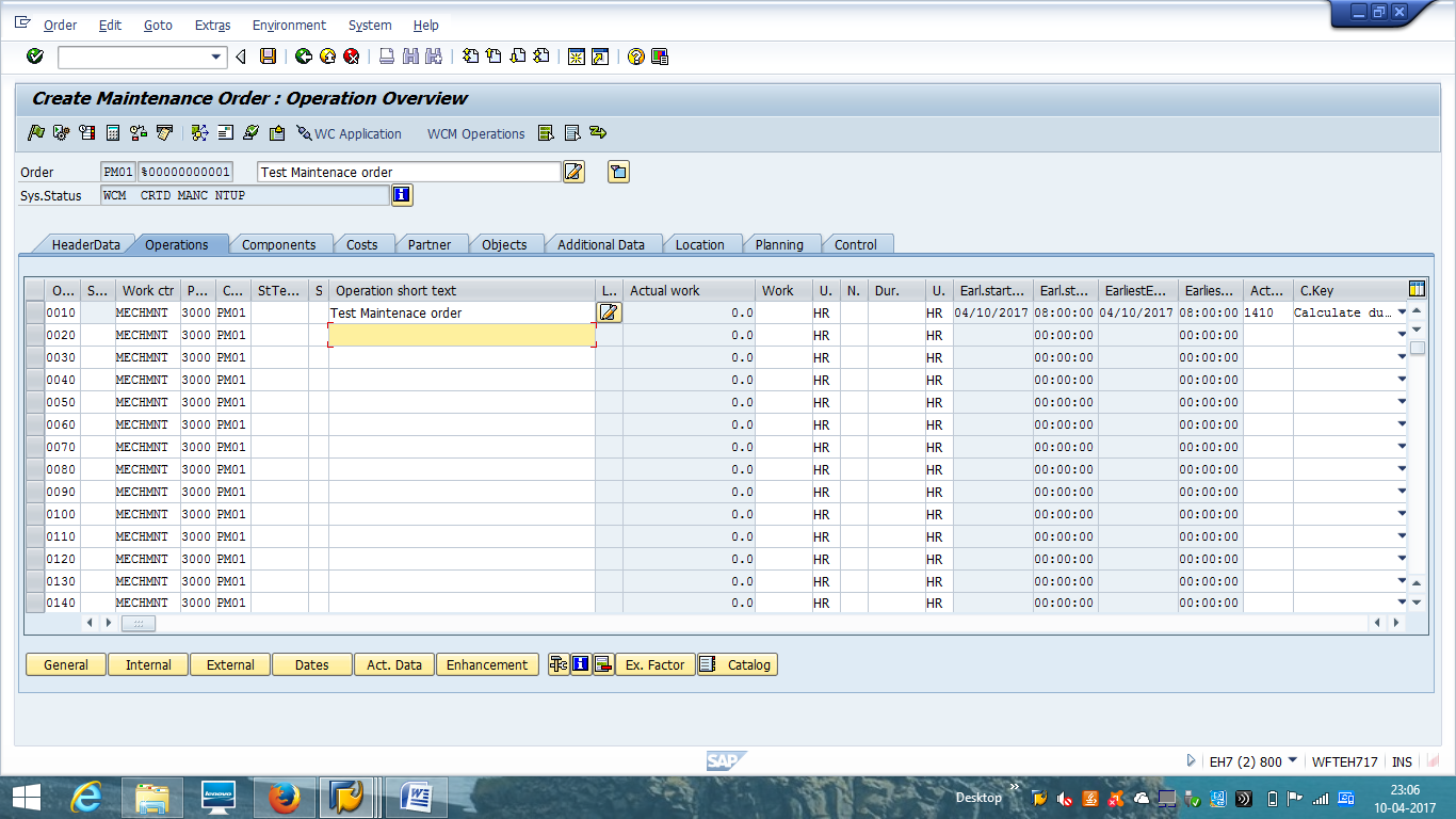 Create SAP PM Order - Operation Details