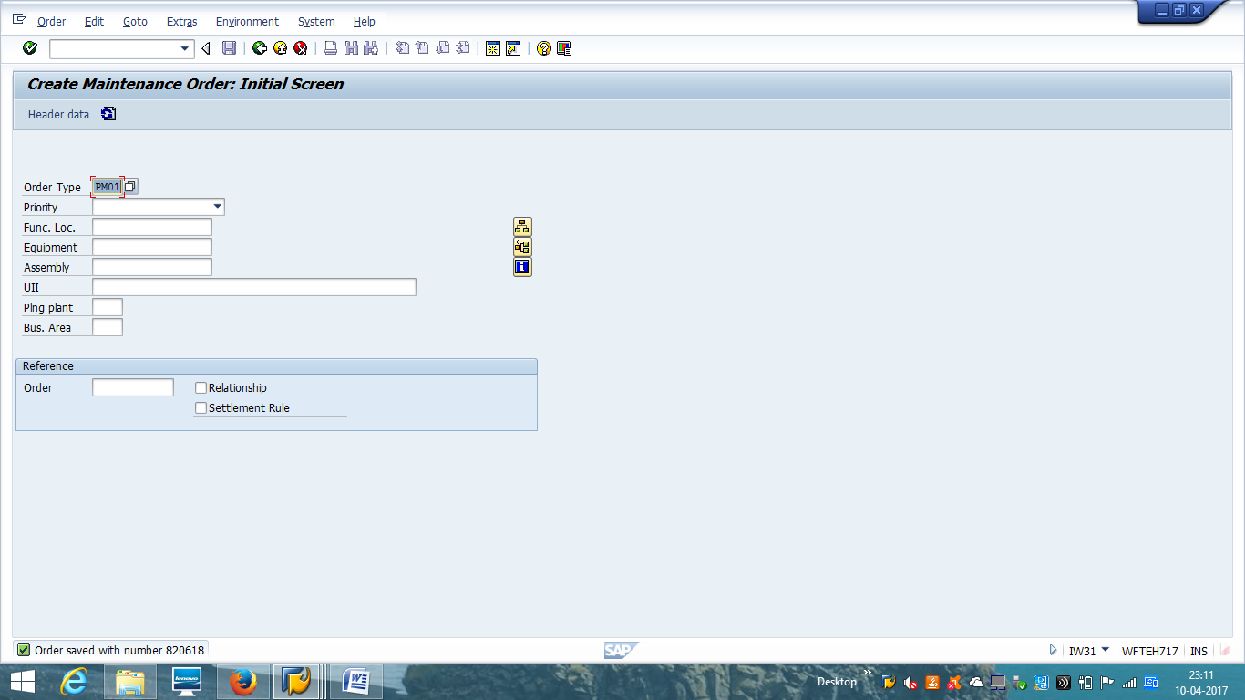 SAP Maintenance Order Saved