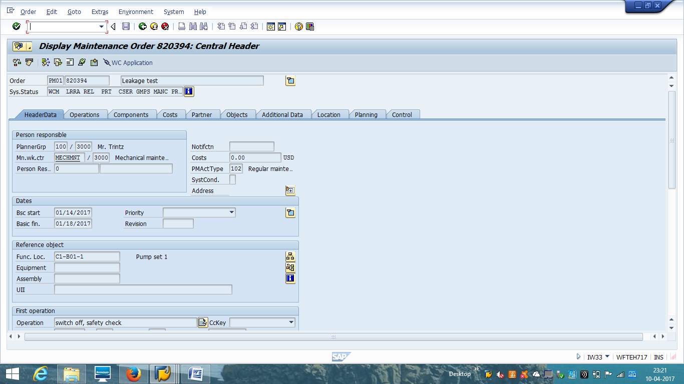 Display Maintenance Order - Header Data