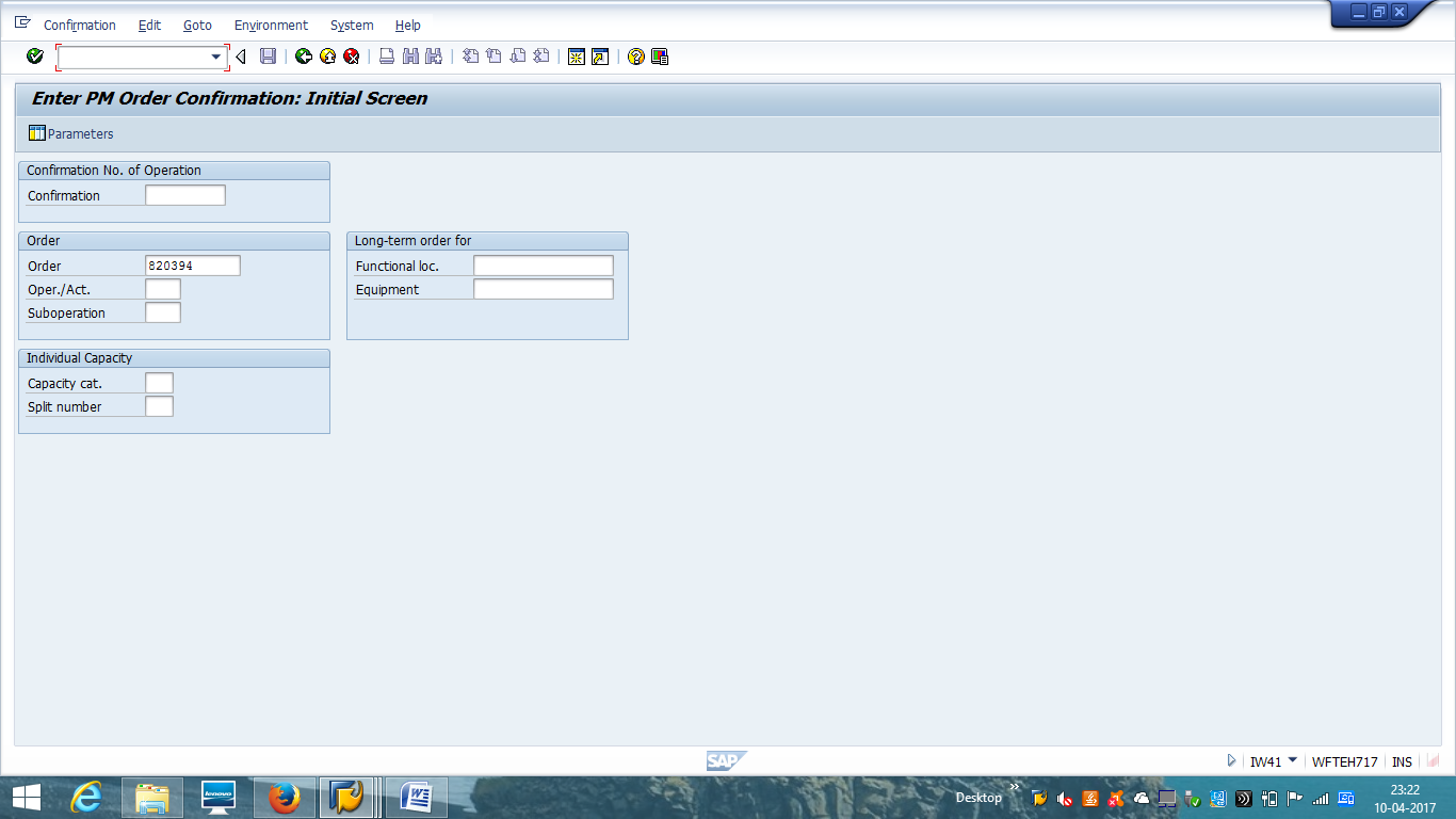 SAP PM Order Confirmation - Initial Screen