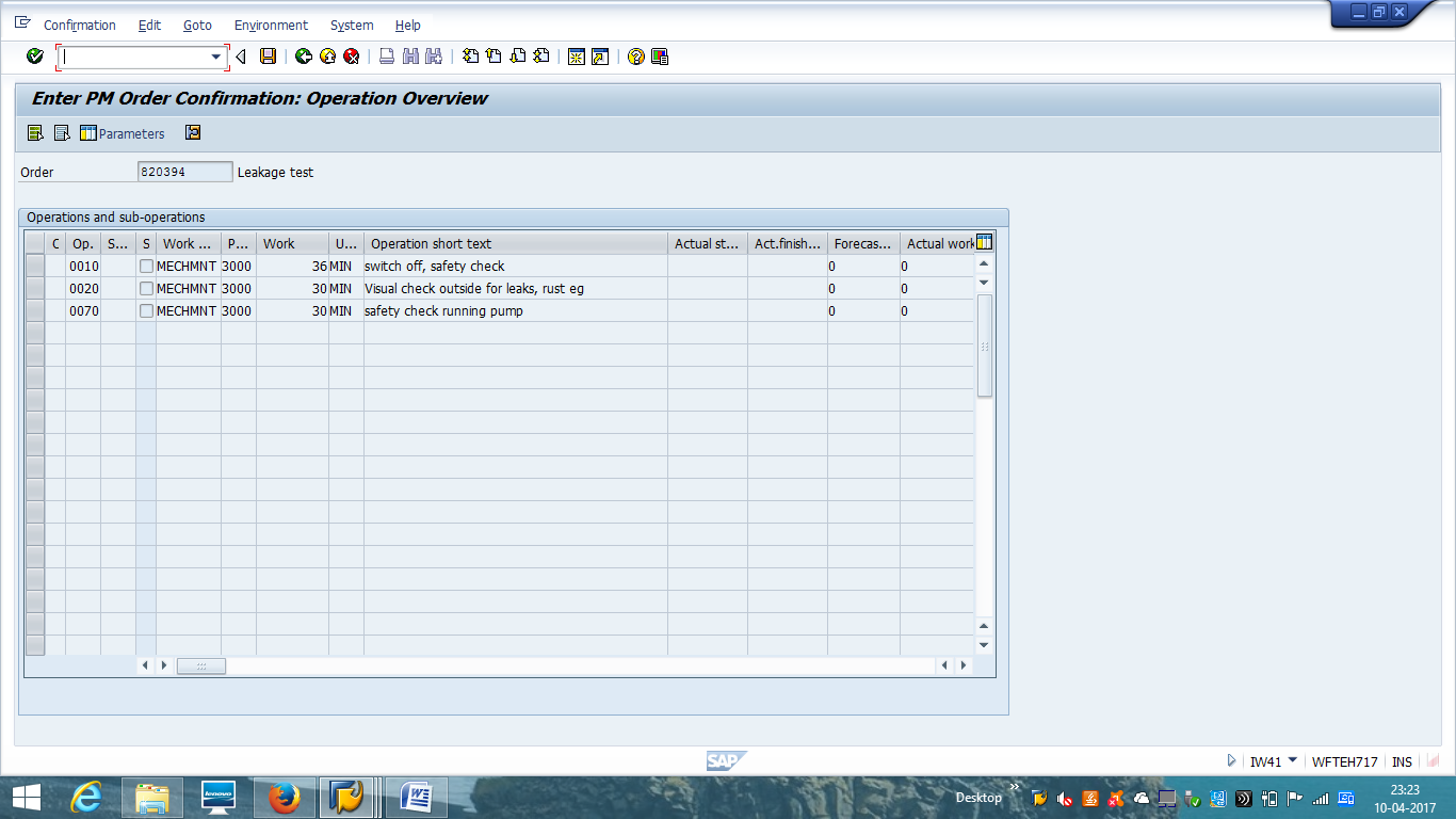 SAP PM Order Confirmation - Operation Selection