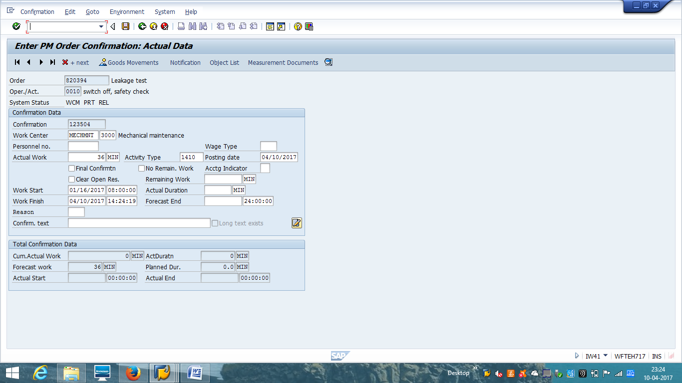 SAP PM Order Confirmation – Actual Data