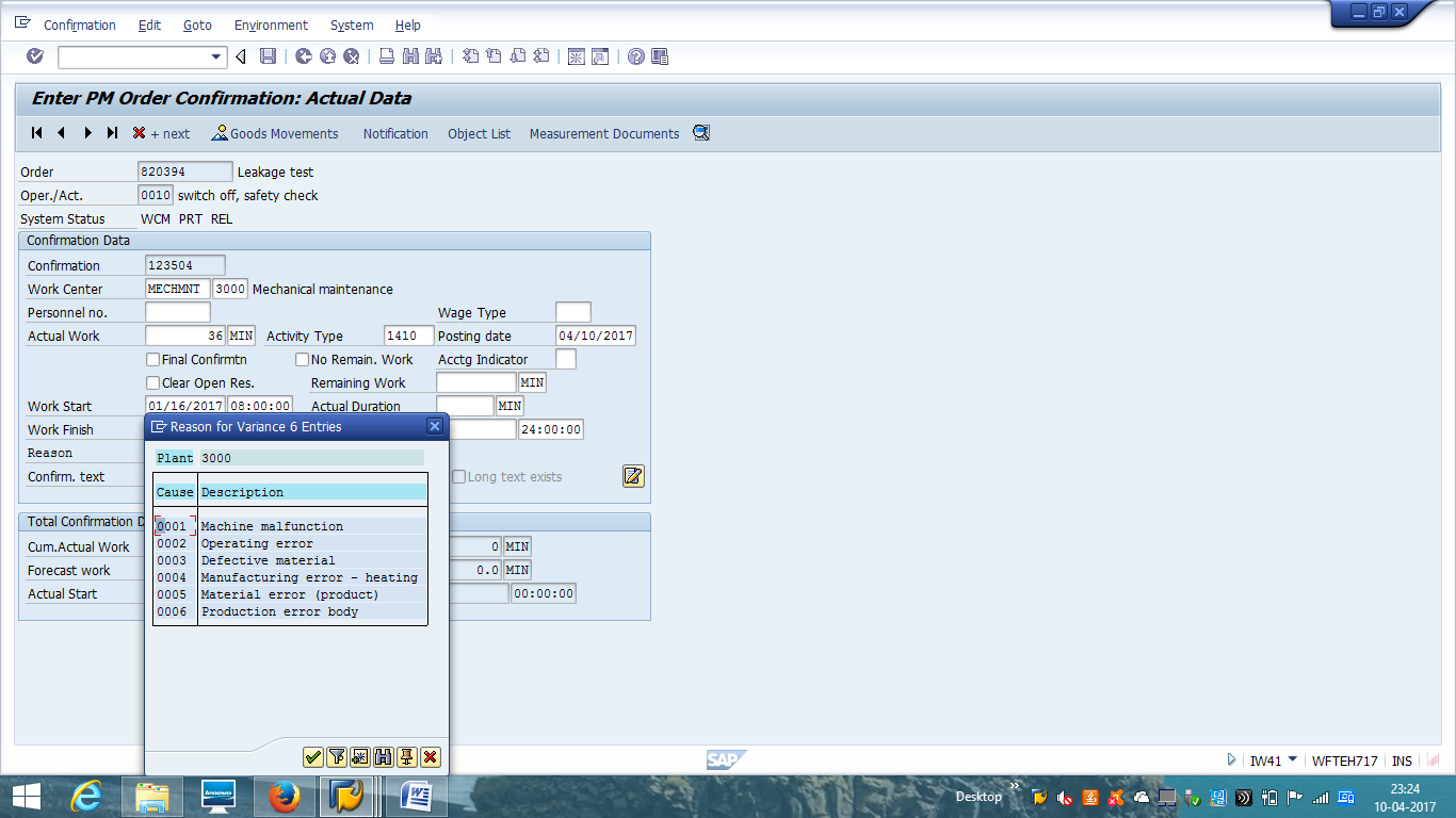 SAP PM Order Confirmation - Reason for Variance