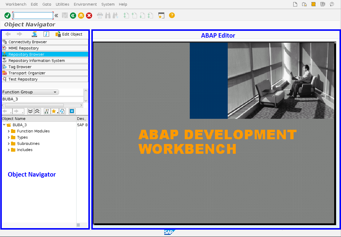 Hauptfenster der ABAP Workbench mit Objektnavigator und ABAP-Editorbereichen