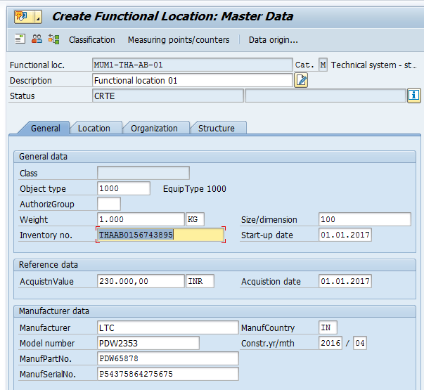 Create SAP Functional location: General Tab