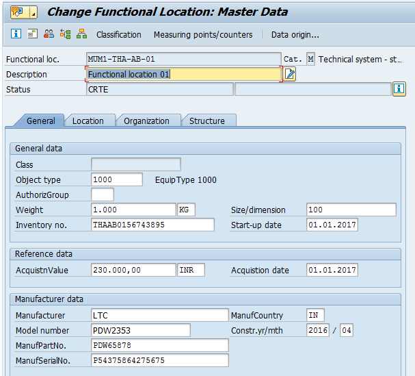 Change SAP Functional Location – General Tab