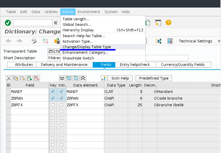 SAP Table Type Menu