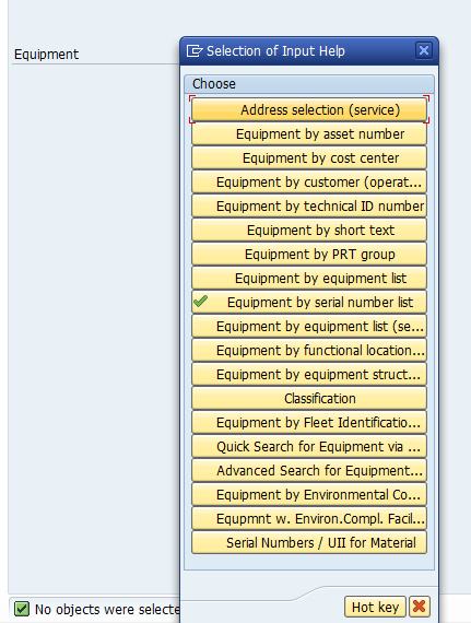 Change Equipment: Selection Input Help