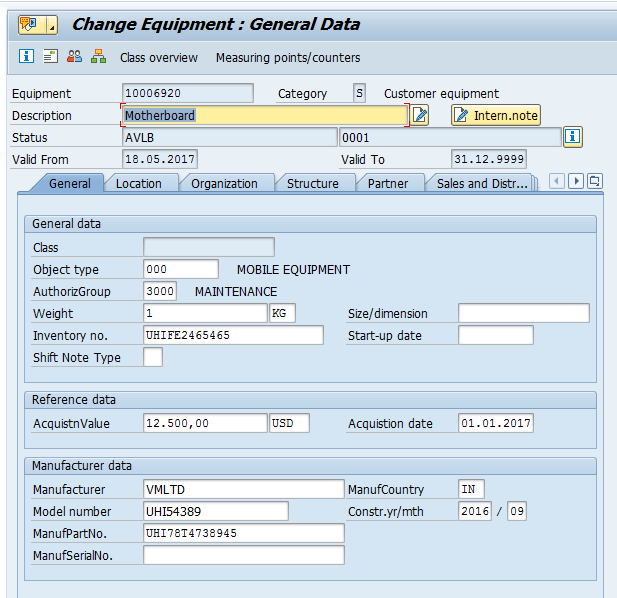 Change Equipment: General Tab