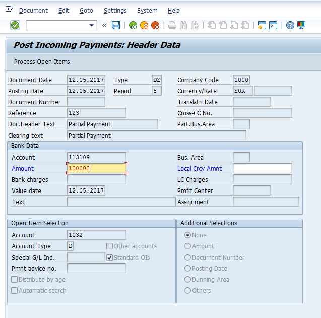 Post Partial Incoming Payment – Initial Screen for Header Data
