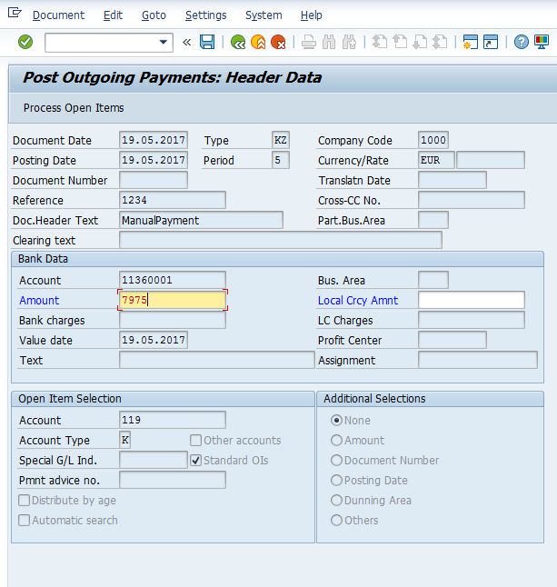 Post Manual Outgoing Payment – Initial Screen for Header Data