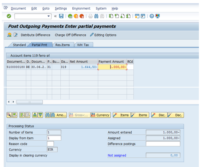 Post Partial Outgoing Payment – Assign the Open Items