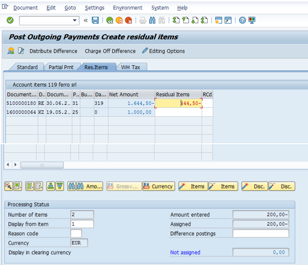 Post Residual Outgoing Payment – Assign the Open Items