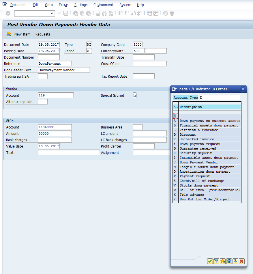 Post Vendor Down Payment – Initial Screen for Header Data with Special G/L Indicator List