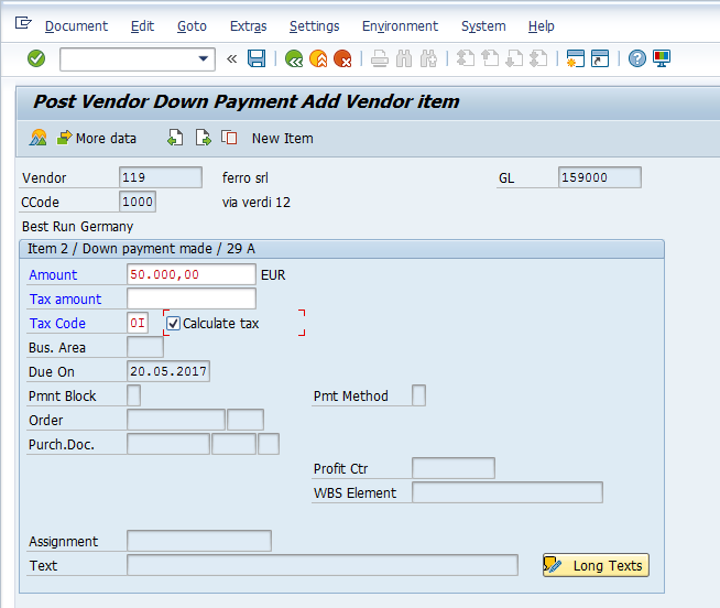 Post Vendor Down Payment – Items Input