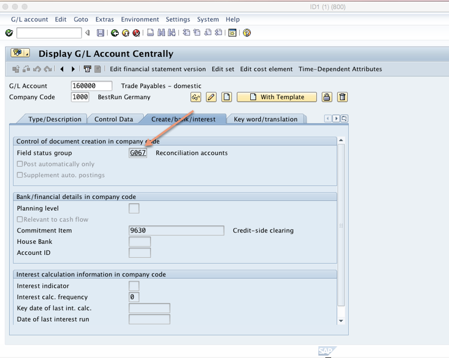 Displaying SAP reconciliation account
