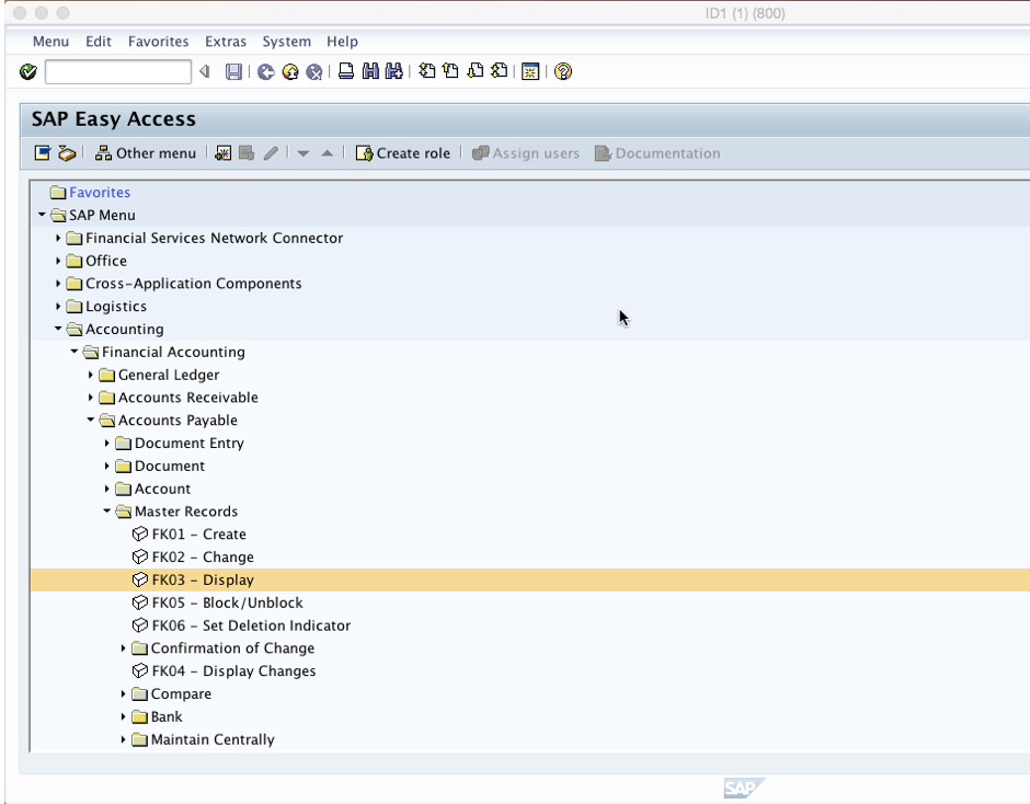 Menu path for displaying a vendor