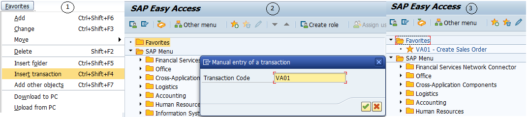 Adding Favorites Using Transaction Code