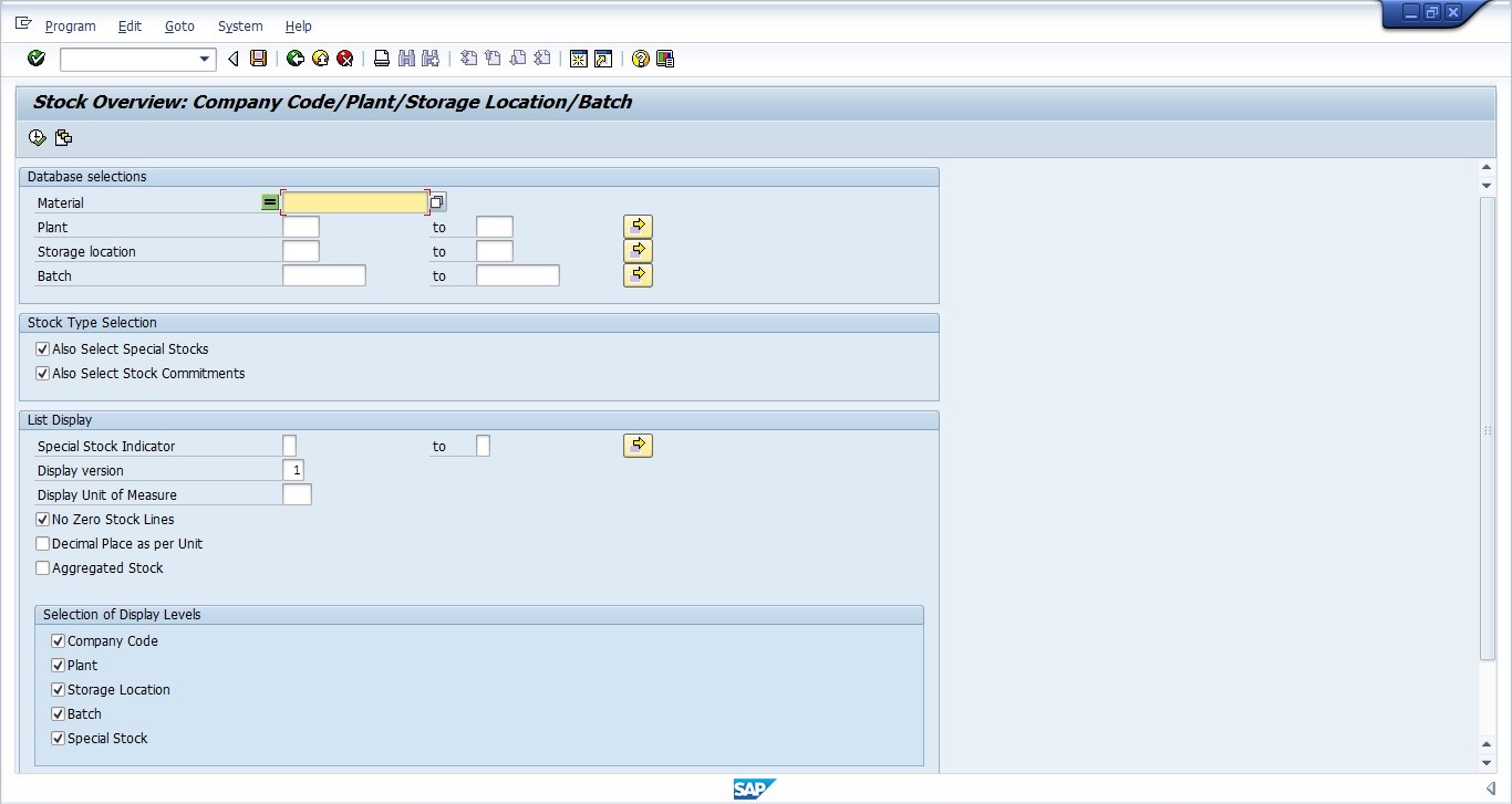 SAP MMBE - Stock Overview Selection Screen