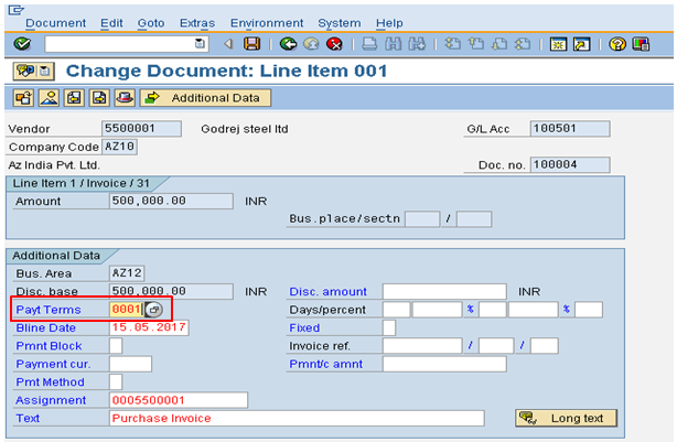 Modified Change Document Line Item Screen