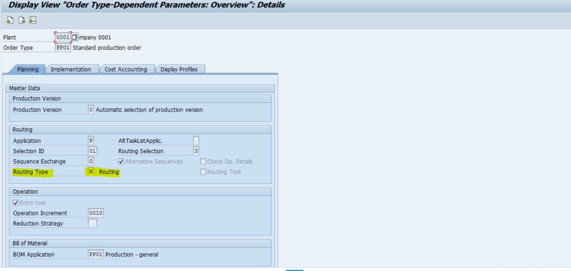 Routing Type in a Production Order Type Customizing