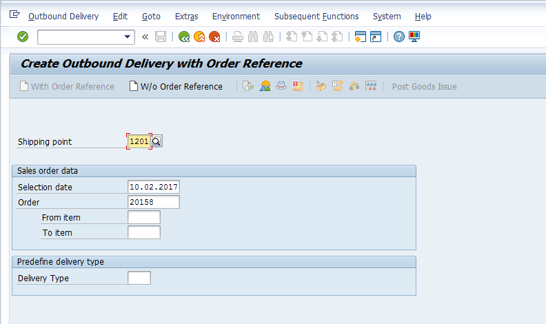 Create Delivery Initial Screen