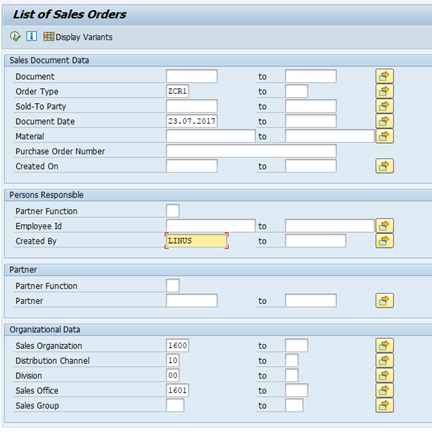 Sales Document Report Selection Screen
