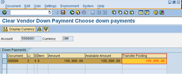 Select Down Payments for Transfer Posting