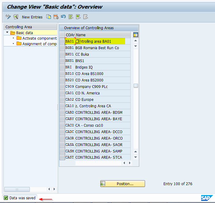 SAP Controlling Area Saved