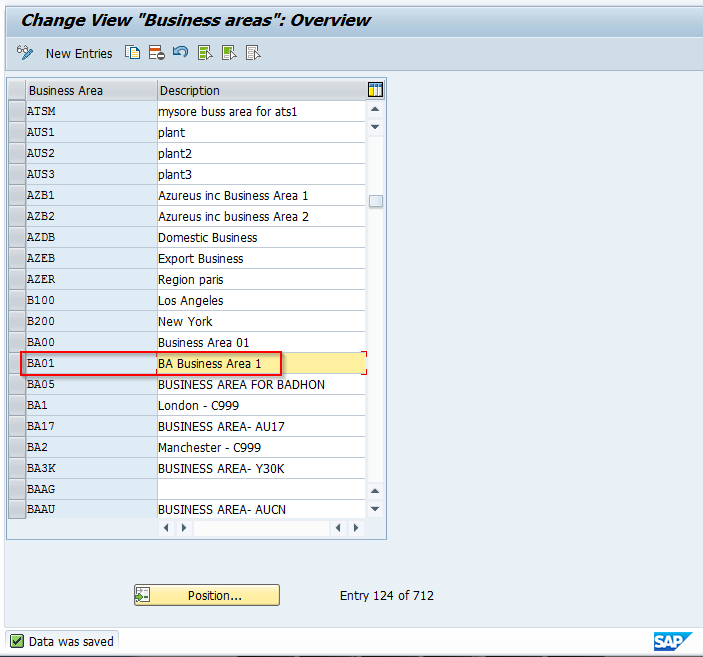 SAP Business Area Created