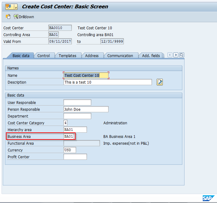 Assignment of Business Area on Cost Center Master Record