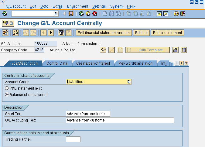 Create G/L Account Initial Screen