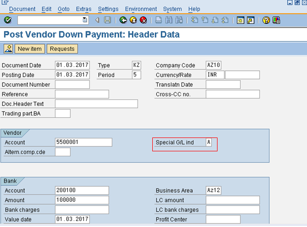 Post Vendor Down Payment Initial Screen