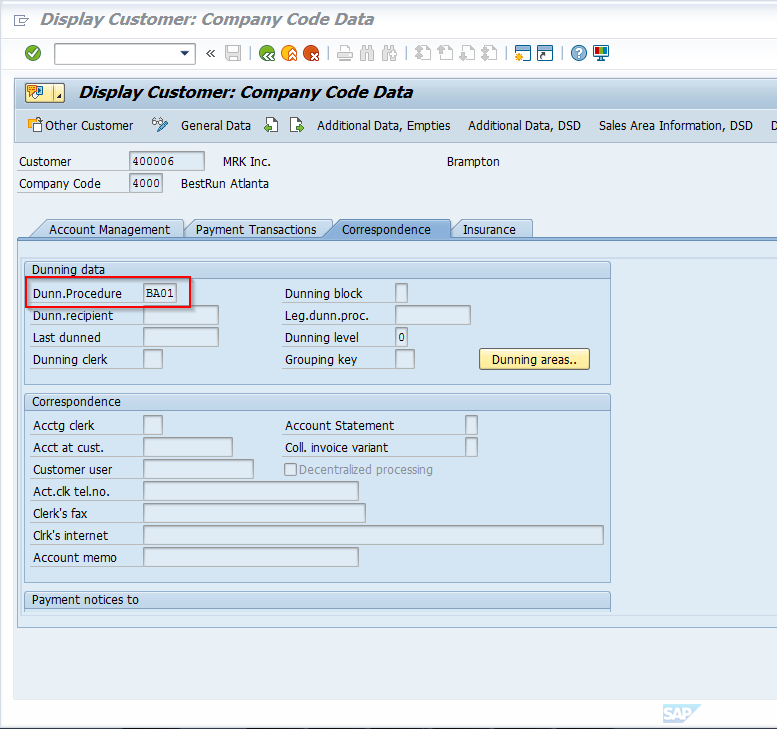 Dunning Procedure Field on Customer Master Record