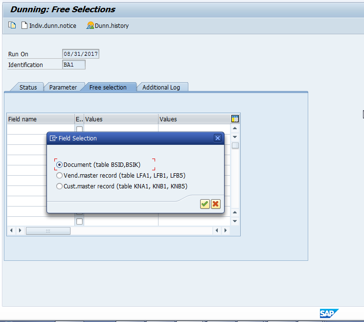 SAP Dunning Program Free Selection Screen