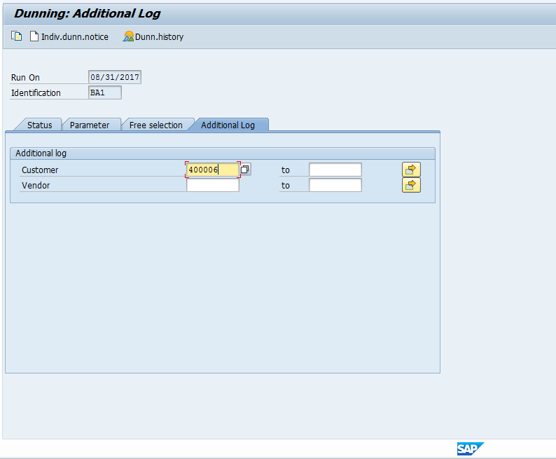 SAP Dunning Program Additional Log Screen