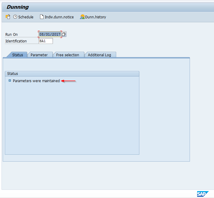 SAP Dunning Program Status Screen after Maintaining Parameters