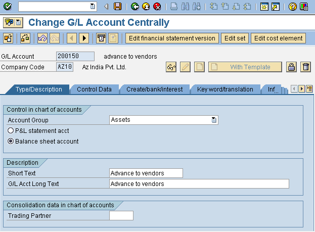 Create G/L Account Initial Screen