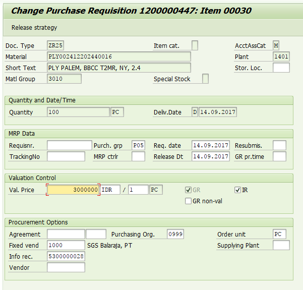 A Screen for Creation of Purchase Requisition will Appear