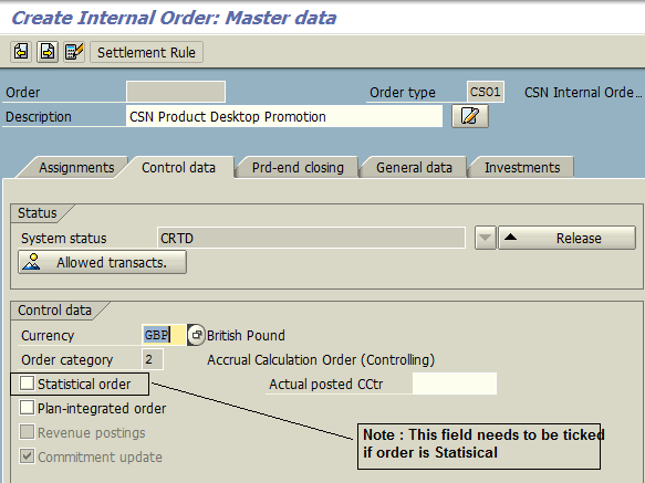 Create Internal Order Control Data