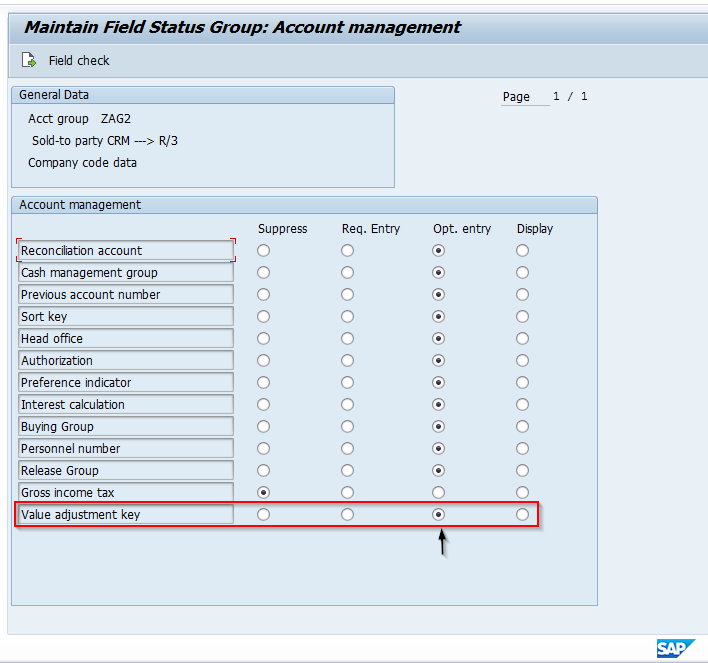 Value Adjustment Key Set to Optional for Customer Master Account Group