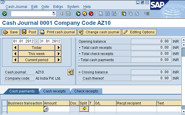 Cash Journal Initial Screen