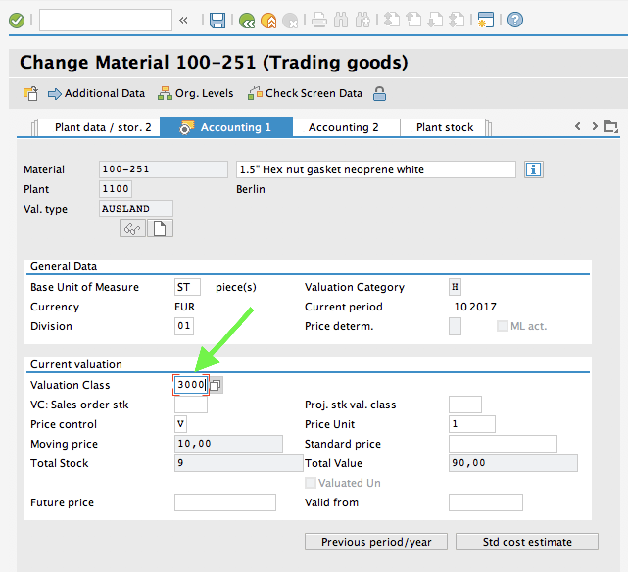 Valuation Class in Material Master - Transaction MM02