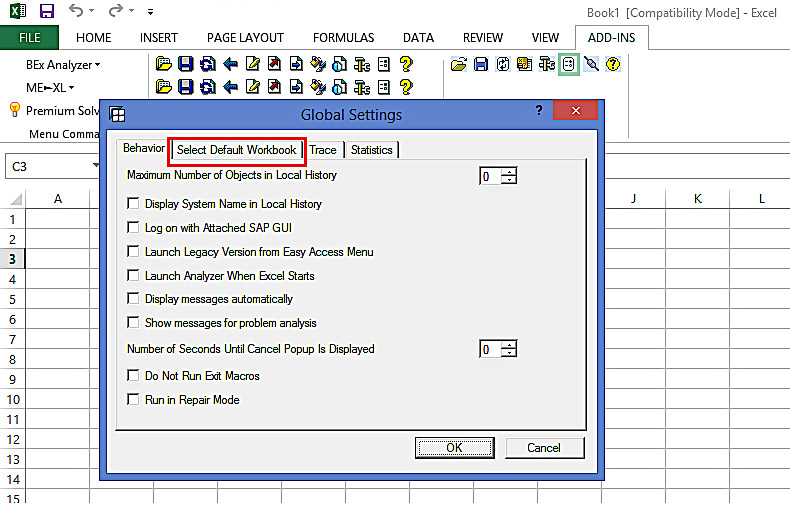 Global Settings: Select Default Workbook Tab