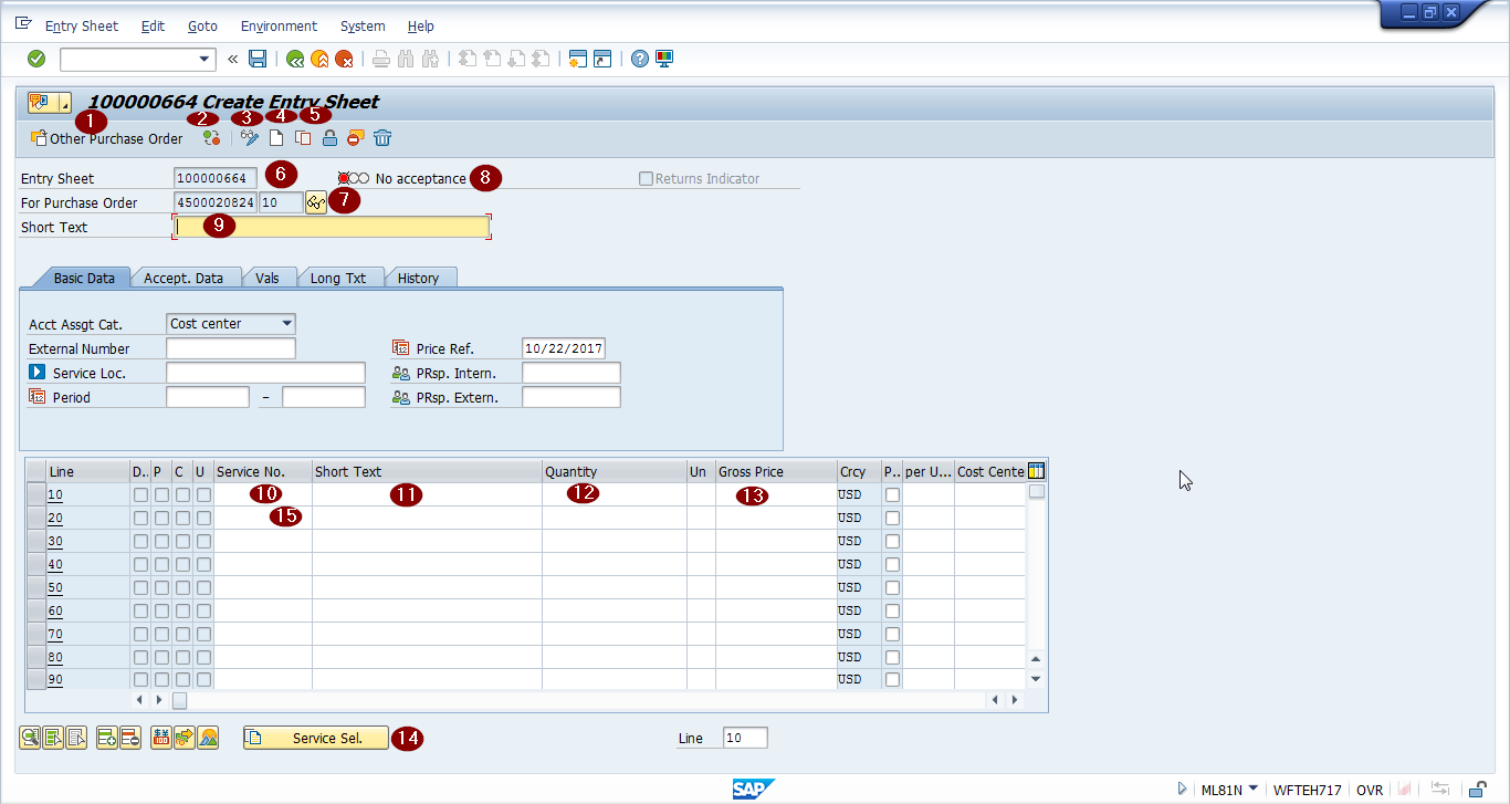 SAP Service Entry Sheet Screen – ML81N