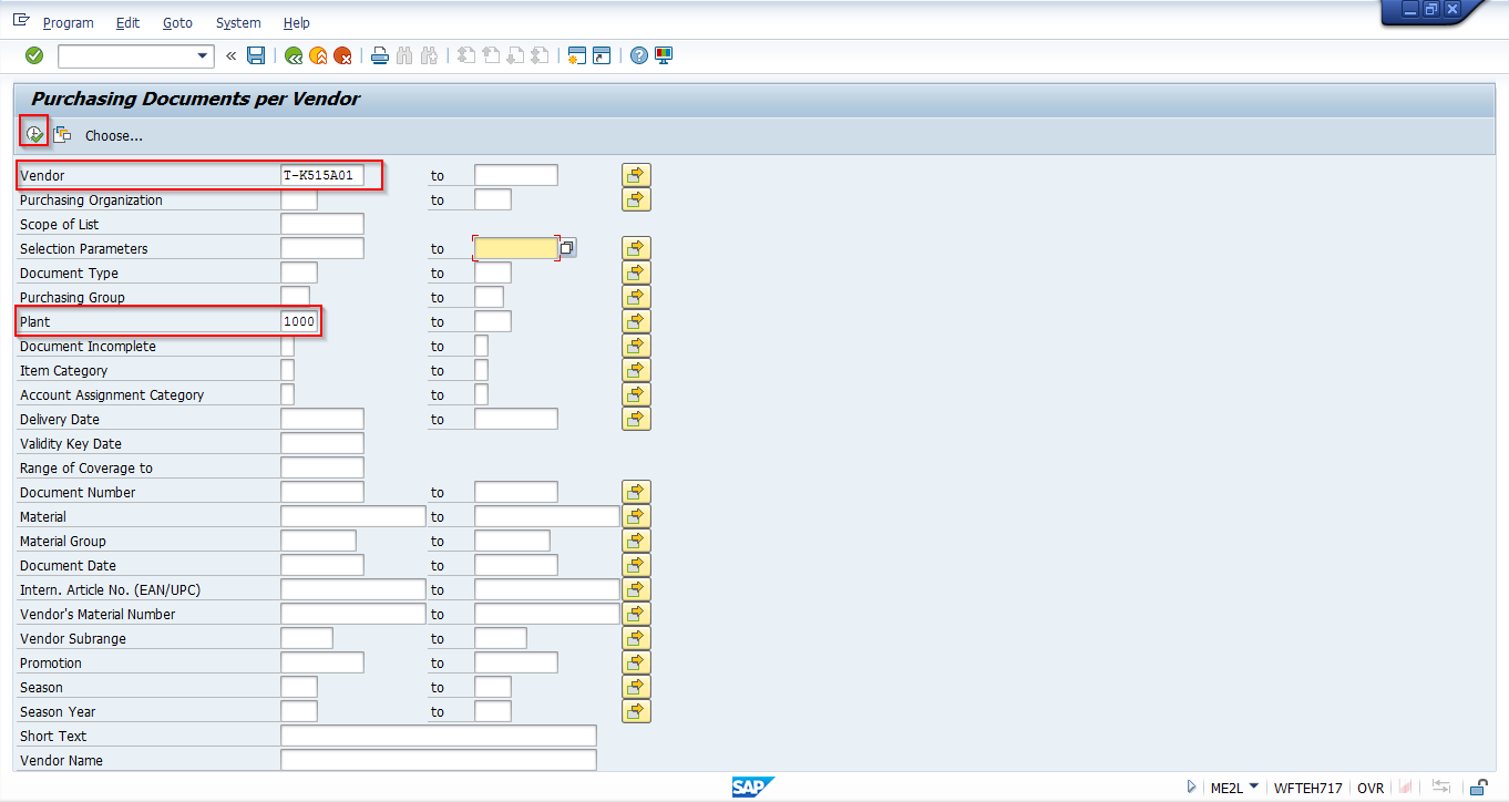 Input Selection Screen for SAP Purchase Order Report